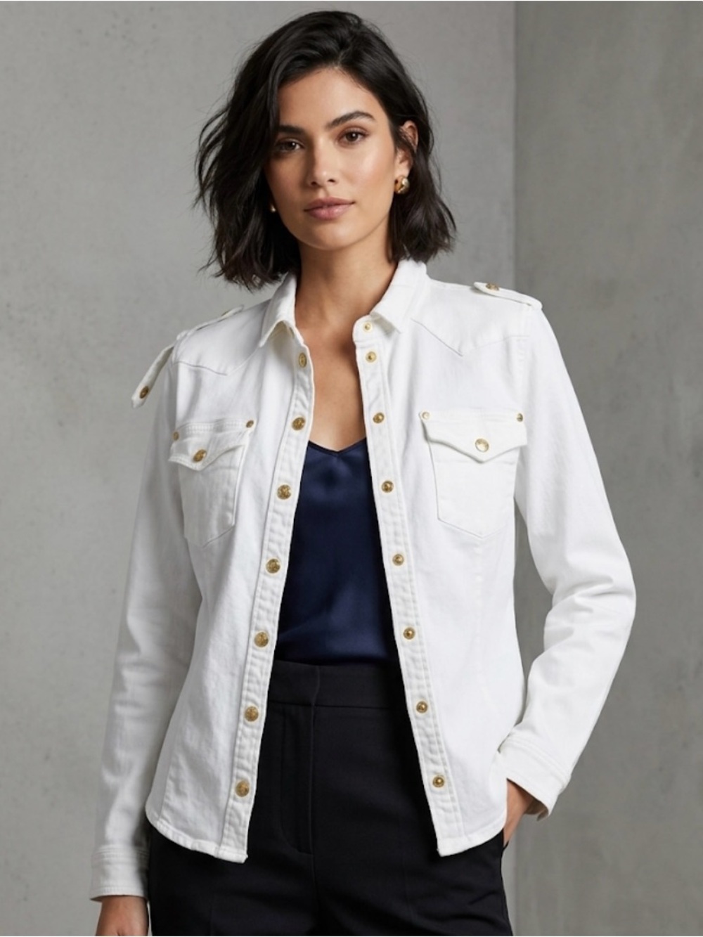 White Utility Button-Front Jacket with Gold-Tone Accents